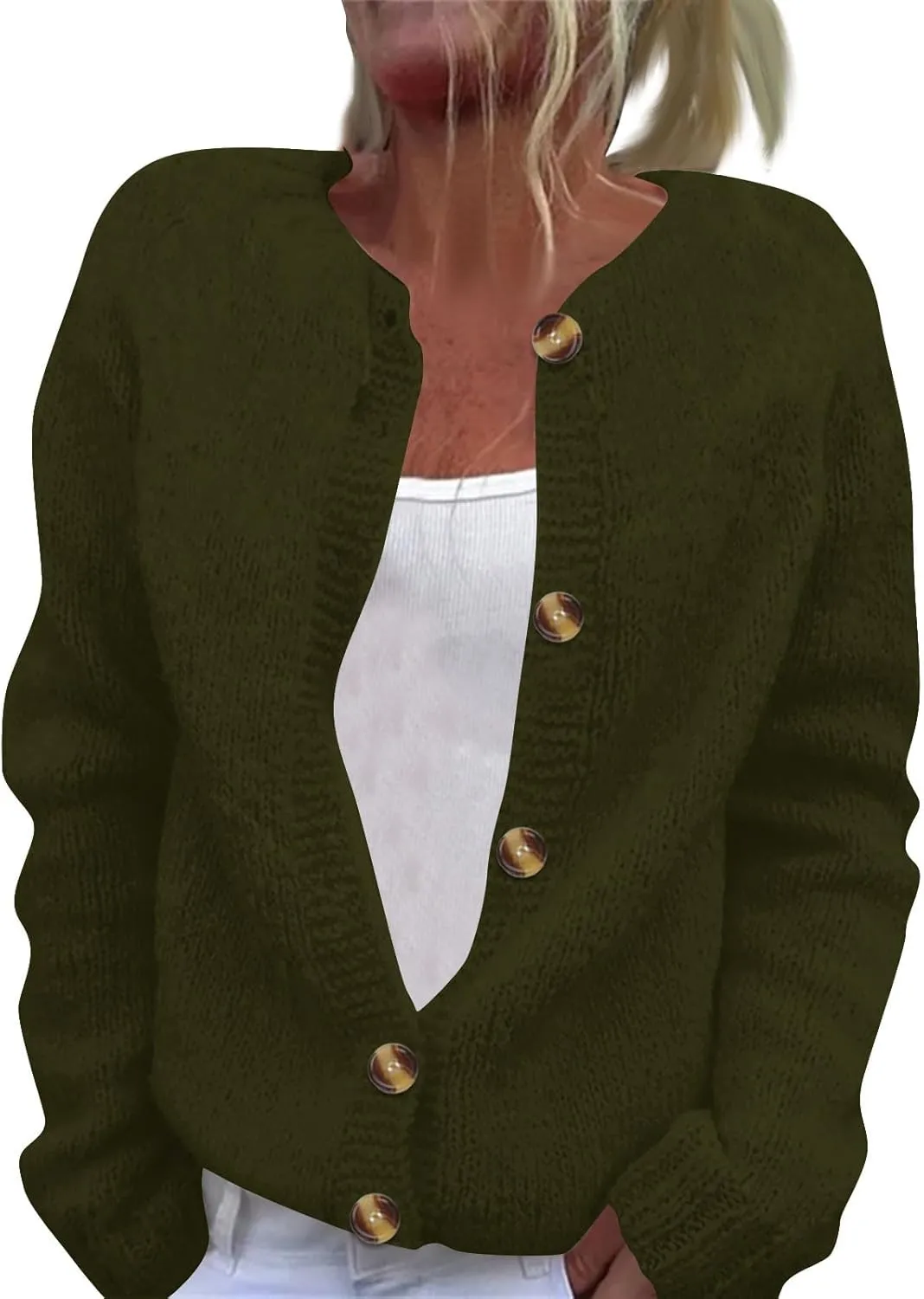 2024 Women's Fashion Solid Colour Long Sleeve Knitted Cardigan Button Up Jacket