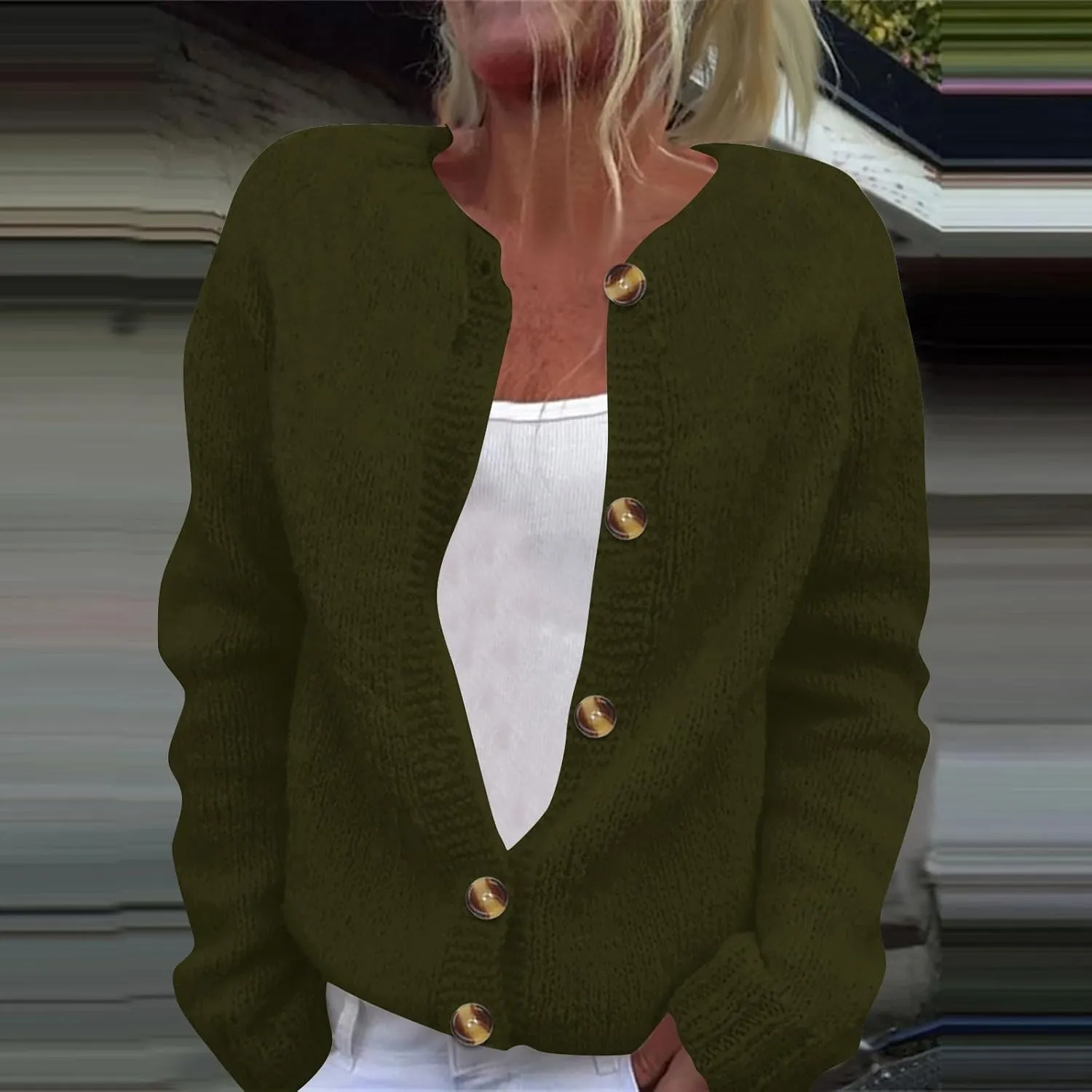 2024 Women's Fashion Solid Colour Long Sleeve Knitted Cardigan Button Up Jacket