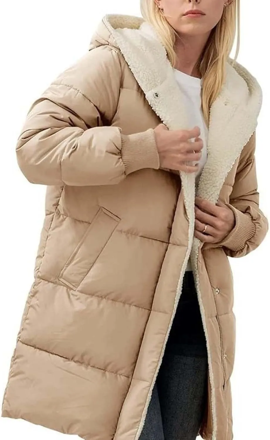 2024 Women's Winter Puffer Coat Thickened Down Jacket Warm Long Down Hood Fleece Lined Long Hooded Puffer Jacket