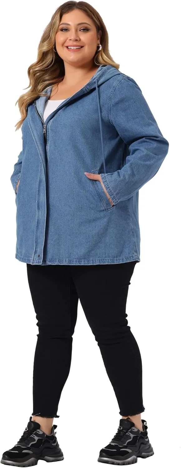 Agnes Orinda Plus Size Denim Jackets with Hood for Women Layered Drawstring Utility Pockets Jean Jacket