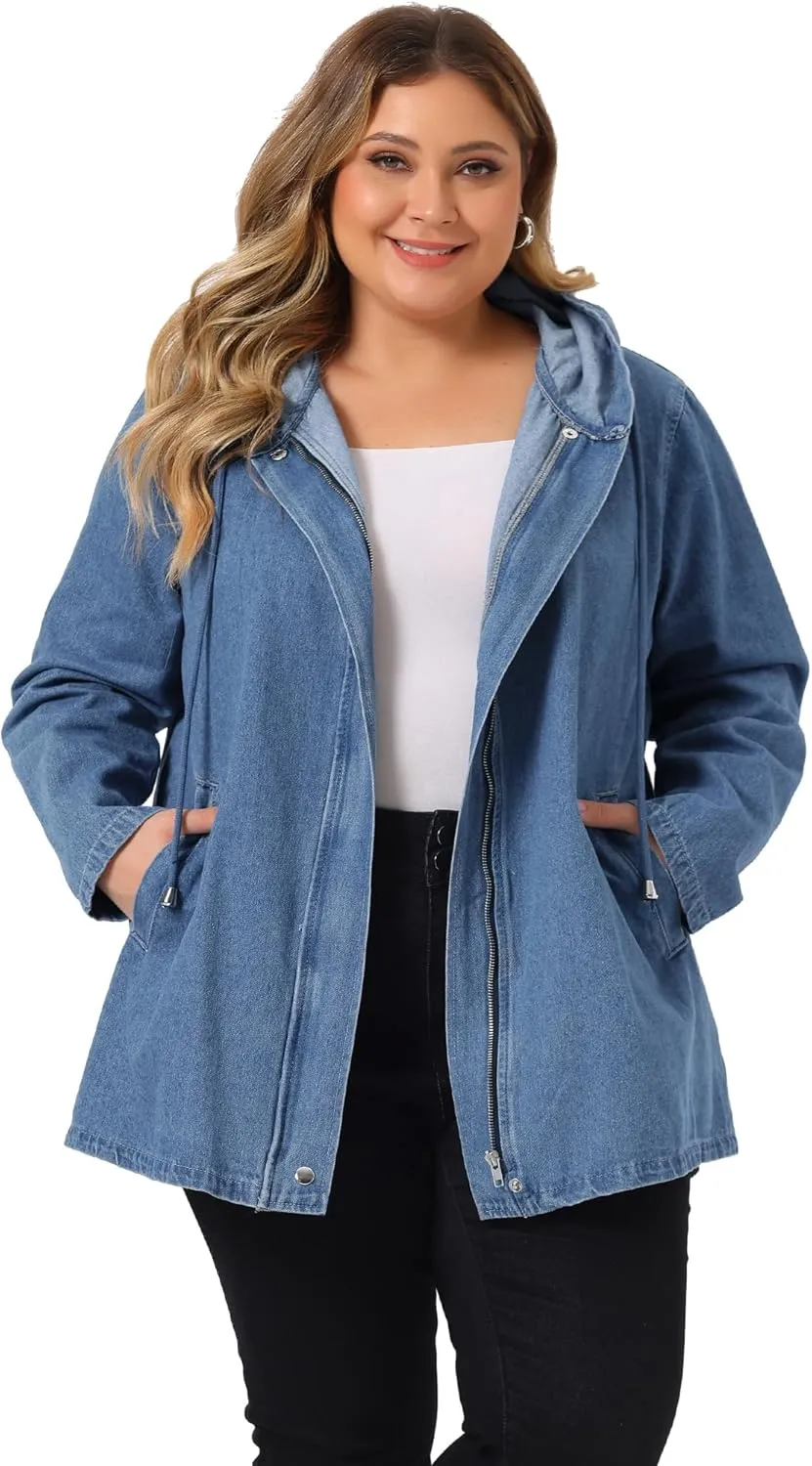 Agnes Orinda Plus Size Denim Jackets with Hood for Women Layered Drawstring Utility Pockets Jean Jacket