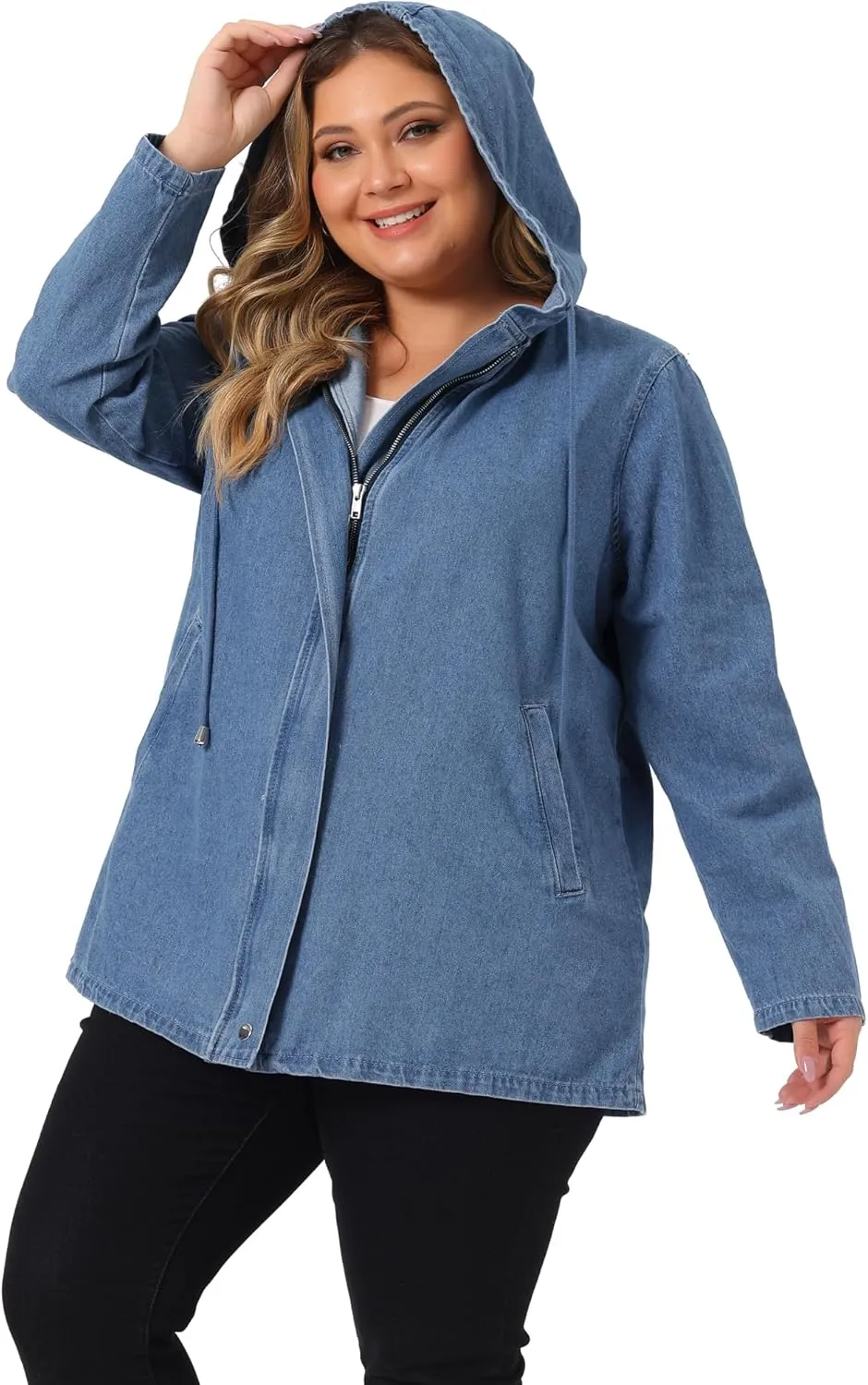 Agnes Orinda Plus Size Denim Jackets with Hood for Women Layered Drawstring Utility Pockets Jean Jacket