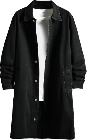 Akklian Mens Long Denim Trench Coat Classic Lapel Button Down Cardigan Long Sleeve Casual Jean Jacket 2024 Fashion Overcoat