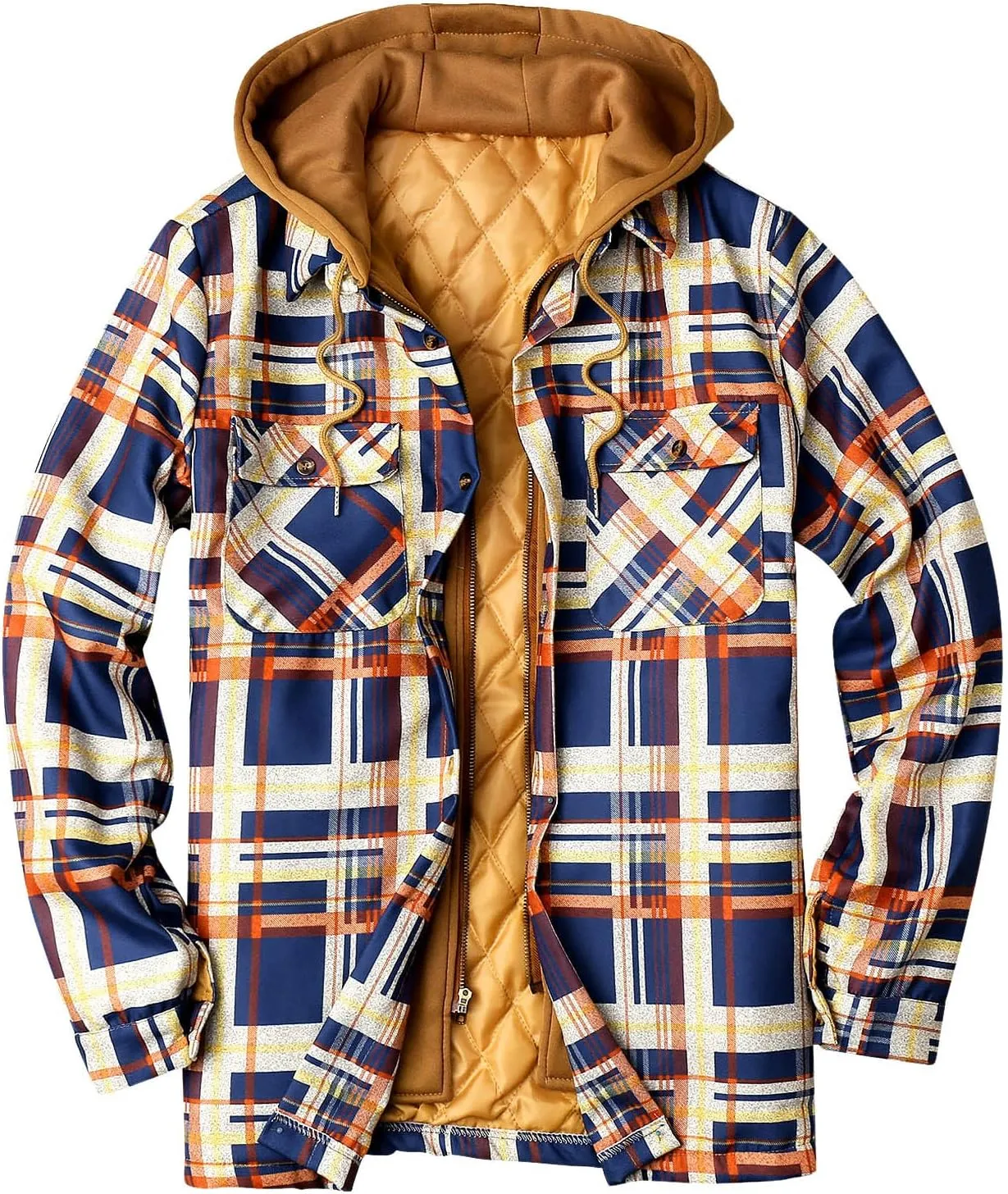 Alalaso Men's Quilted Lined Flannel Hooded Shirt Jacket, Soft Long Sleeve Outdoor Plaid Shirt Jackets