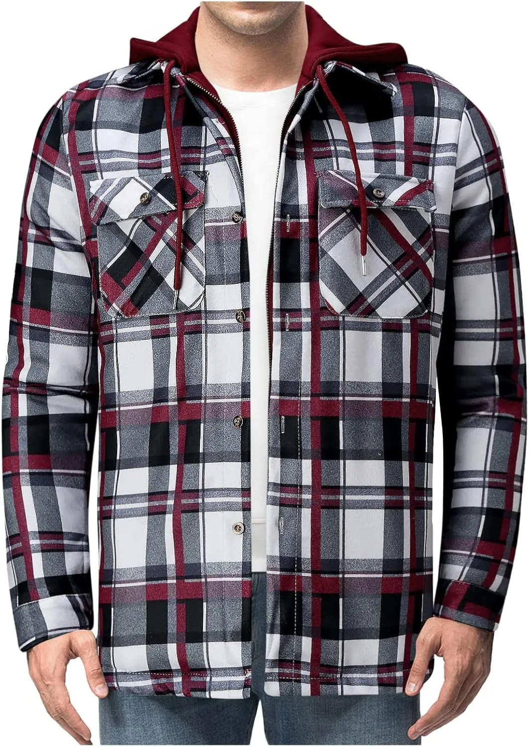 Alalaso Men's Quilted Lined Flannel Hooded Shirt Jacket, Soft Long Sleeve Outdoor Plaid Shirt Jackets