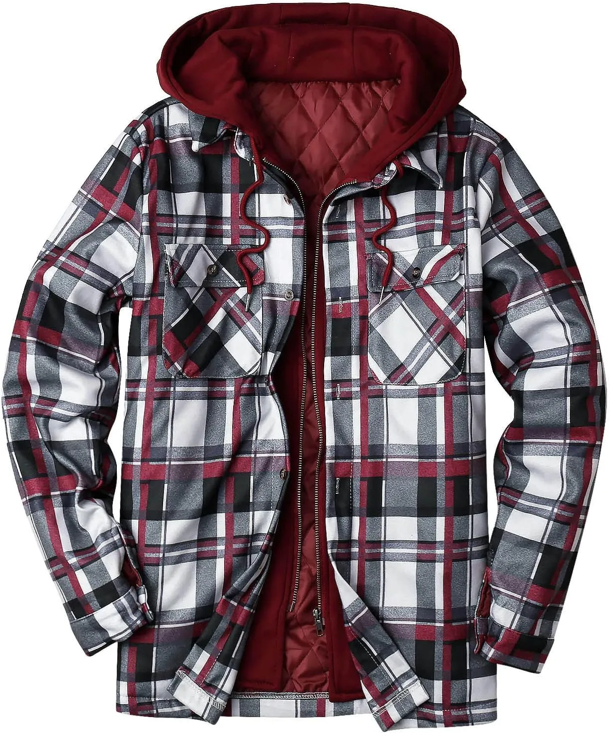 Alalaso Men's Quilted Lined Flannel Hooded Shirt Jacket, Soft Long Sleeve Outdoor Plaid Shirt Jackets