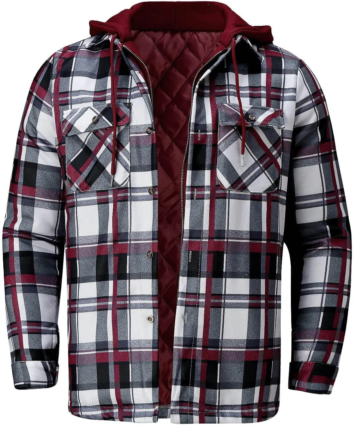 Alalaso Men's Quilted Lined Flannel Hooded Shirt Jacket, Soft Long Sleeve Outdoor Plaid Shirt Jackets