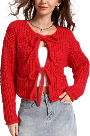 Arssm Womens Tie Front Cardigan Sweaters Cropped Chunky Open Front Knit Sweater Long Sleeve Loose Cardigan Outerwear