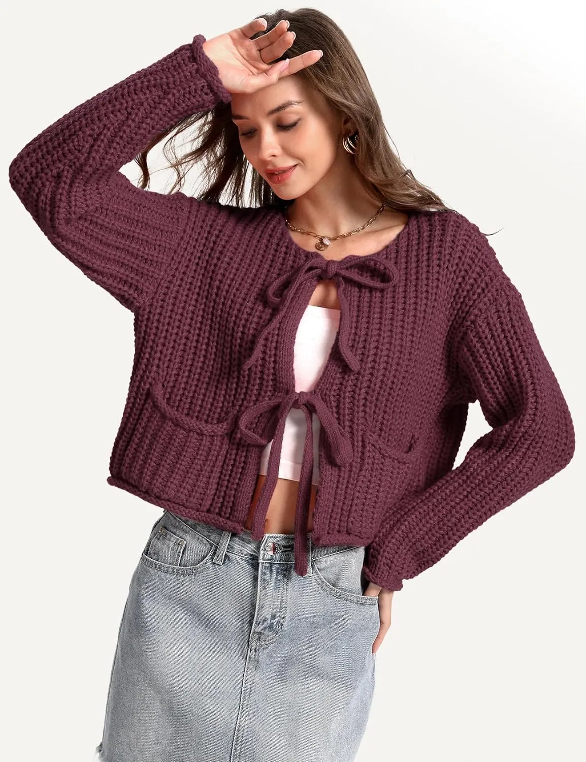 Arssm Womens Tie Front Cardigan Sweaters Cropped Chunky Open Front Knit Sweater Long Sleeve Loose Cardigan Outerwear