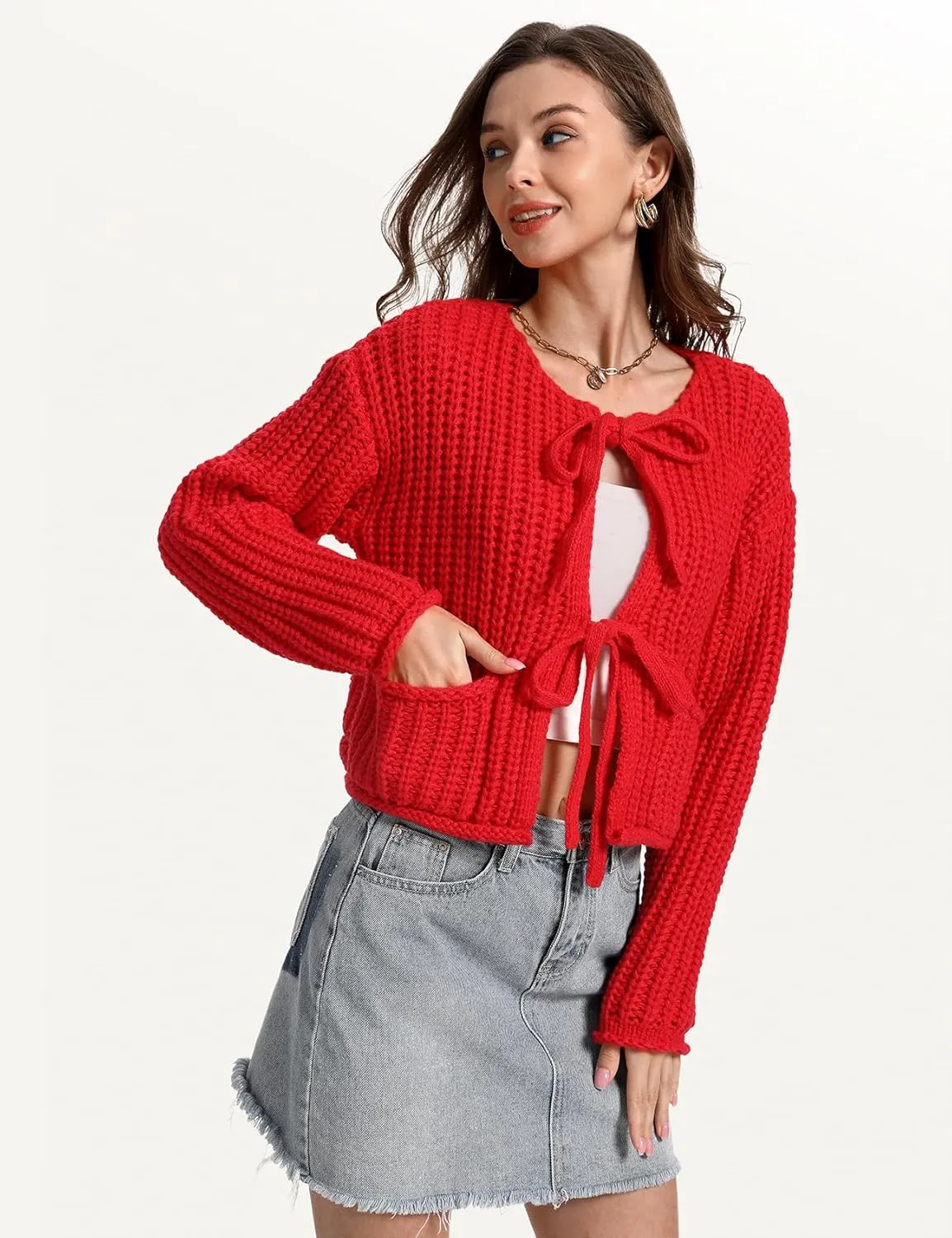 Arssm Womens Tie Front Cardigan Sweaters Cropped Chunky Open Front Knit Sweater Long Sleeve Loose Cardigan Outerwear