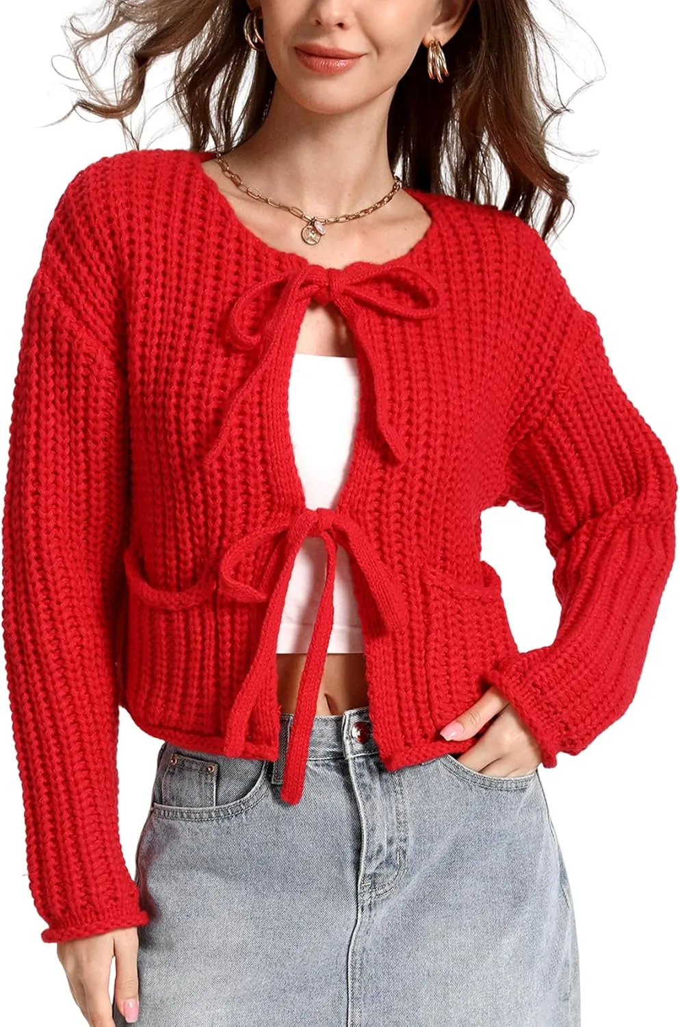 Arssm Womens Tie Front Cardigan Sweaters Cropped Chunky Open Front Knit Sweater Long Sleeve Loose Cardigan Outerwear