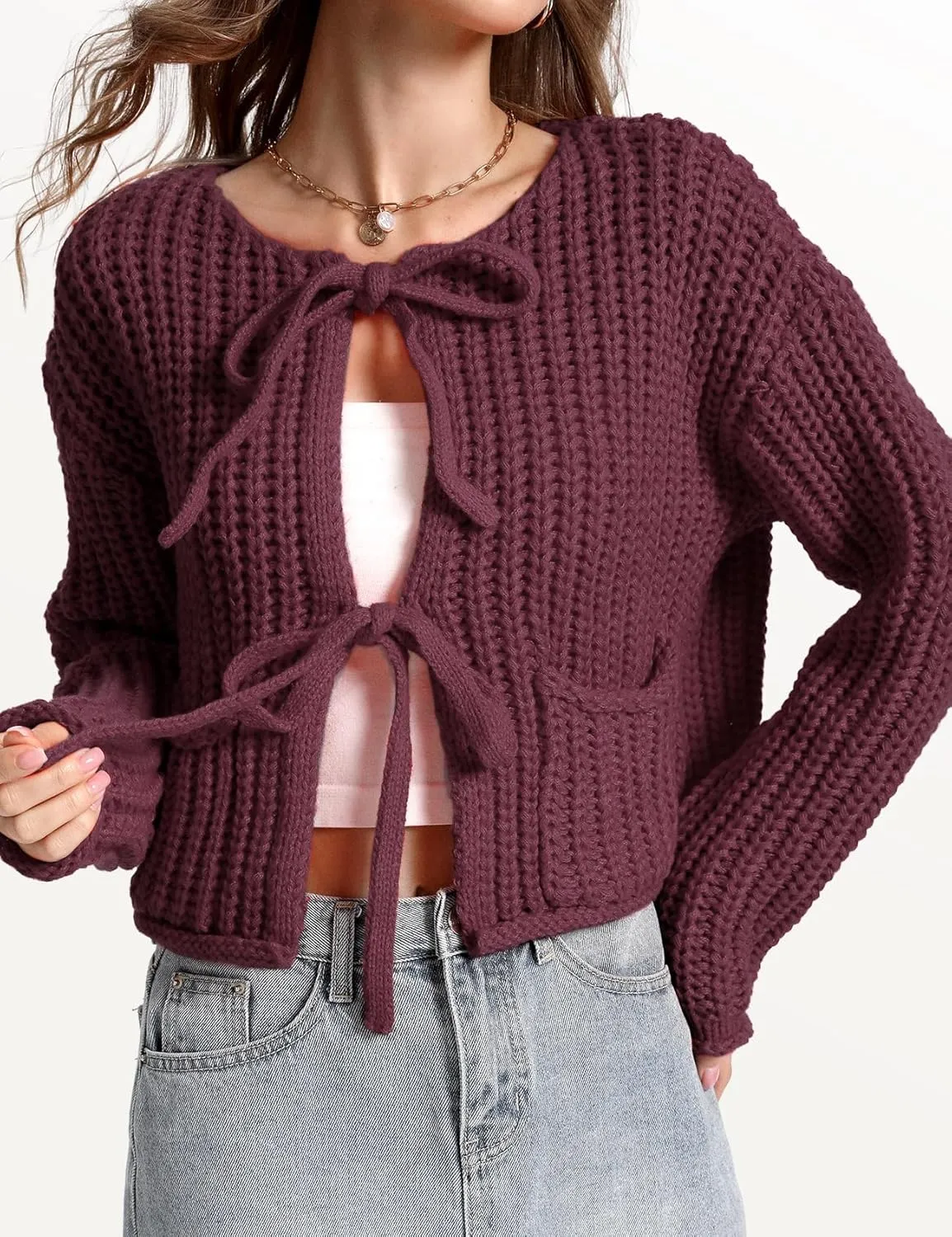 Arssm Womens Tie Front Cardigan Sweaters Cropped Chunky Open Front Knit Sweater Long Sleeve Loose Cardigan Outerwear