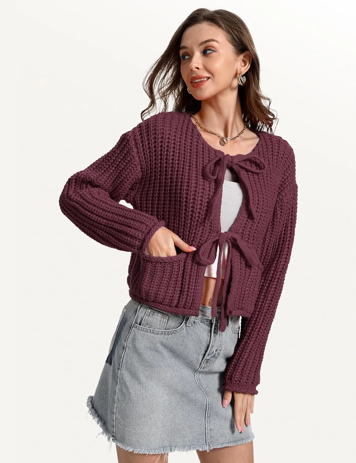 Arssm Womens Tie Front Cardigan Sweaters Cropped Chunky Open Front Knit Sweater Long Sleeve Loose Cardigan Outerwear