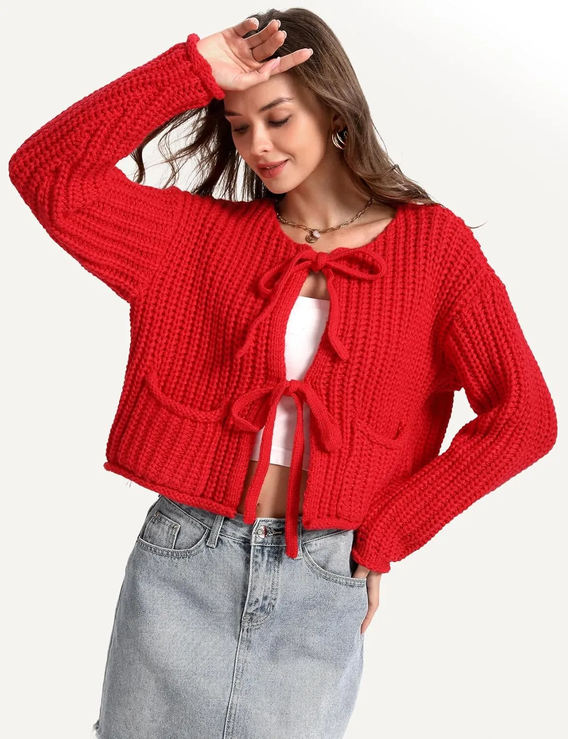 Arssm Womens Tie Front Cardigan Sweaters Cropped Chunky Open Front Knit Sweater Long Sleeve Loose Cardigan Outerwear