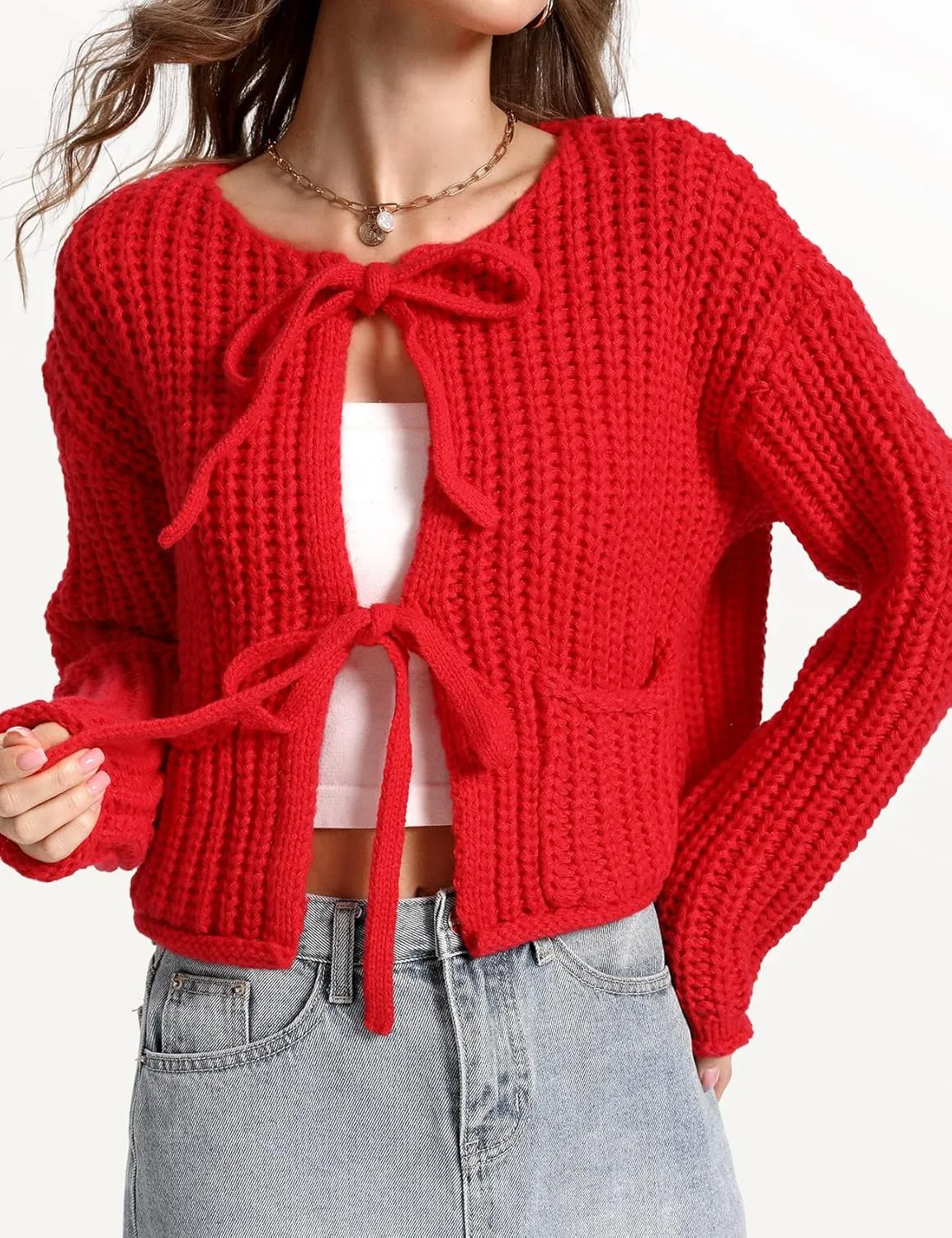 Arssm Womens Tie Front Cardigan Sweaters Cropped Chunky Open Front Knit Sweater Long Sleeve Loose Cardigan Outerwear