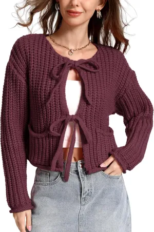 Arssm Womens Tie Front Cardigan Sweaters Cropped Chunky Open Front Knit Sweater Long Sleeve Loose Cardigan Outerwear