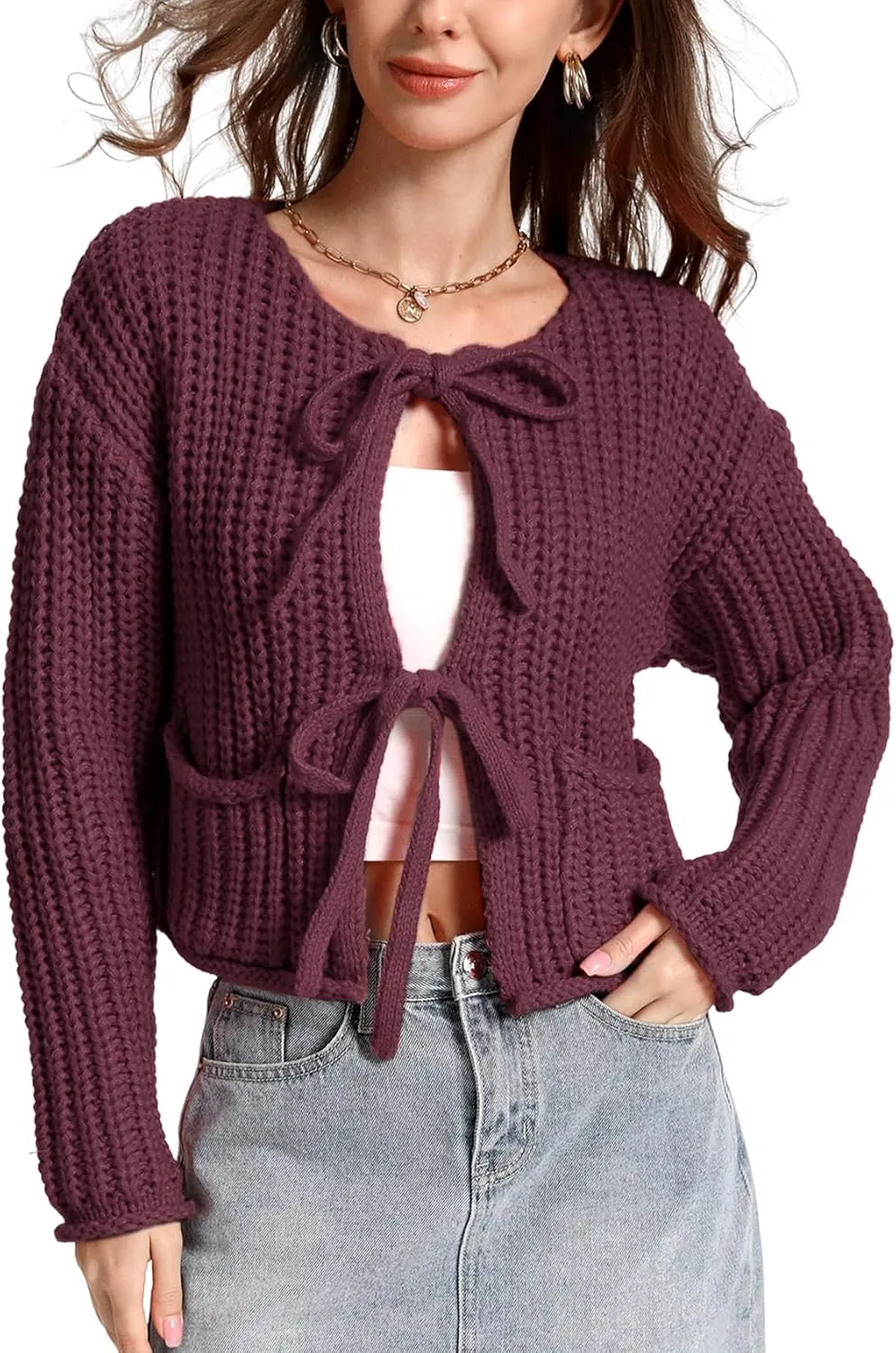 Arssm Womens Tie Front Cardigan Sweaters Cropped Chunky Open Front Knit Sweater Long Sleeve Loose Cardigan Outerwear