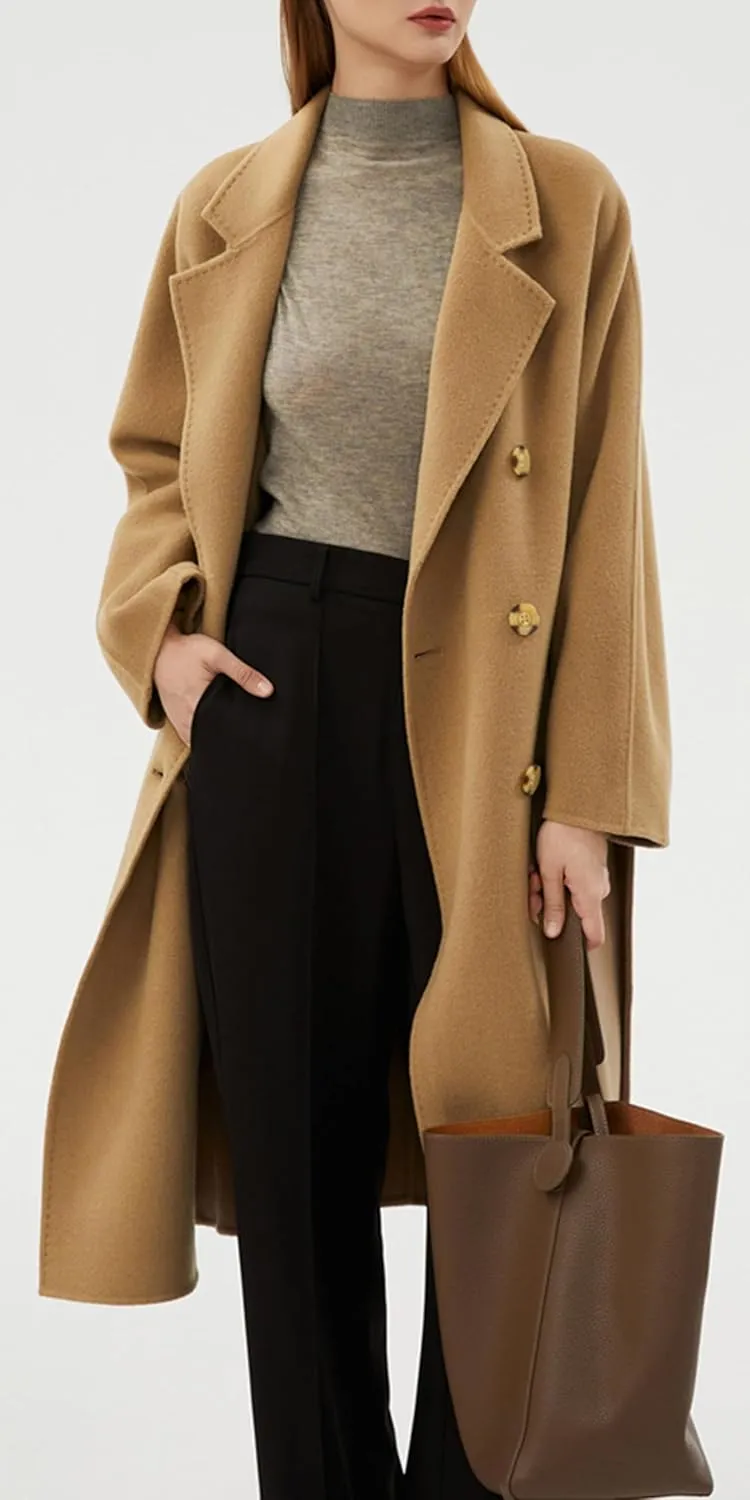 Babalet 100 Wool Double-faced Women Wool Blend Coat Double-breasted Casual Cashmere Coat Belted Trench Jacket with Pockets