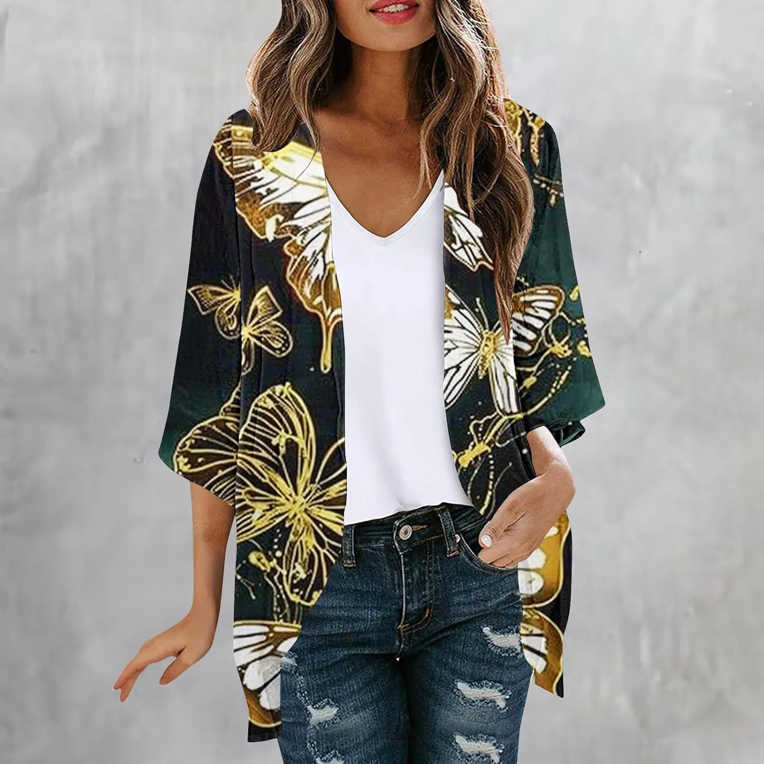 Beach Coverups for Women Floral Printed 3/4 Sleeve Kimono Loose Open Front Cardigan Summer Vacation Outfits