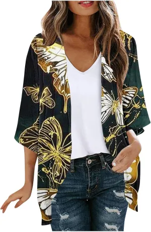 Beach Coverups for Women Floral Printed 3/4 Sleeve Kimono Loose Open Front Cardigan Summer Vacation Outfits