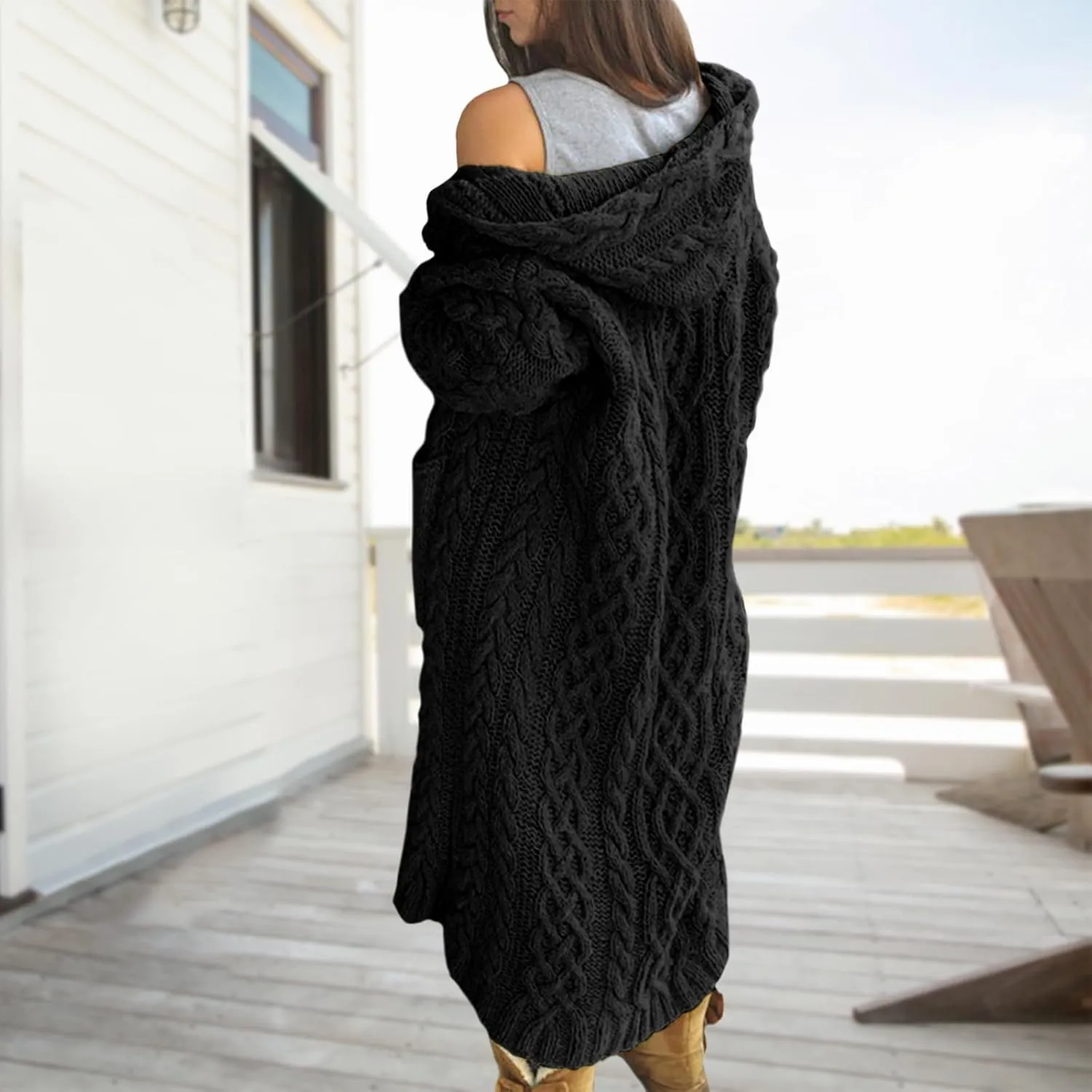 Bengbobar Long Cardigan Sweaters for Women Coats Cable Knit Casual Open Front Long Sleeve Hooded Sweater with Pockets