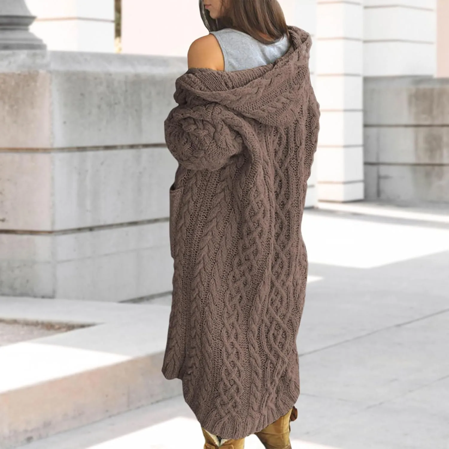 Bengbobar Long Cardigan Sweaters for Women Coats Cable Knit Casual Open Front Long Sleeve Hooded Sweater with Pockets