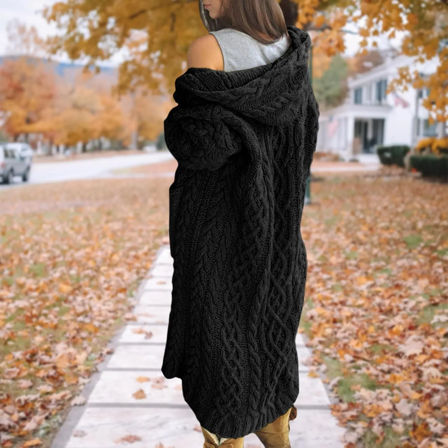 Bengbobar Long Cardigan Sweaters for Women Coats Cable Knit Casual Open Front Long Sleeve Hooded Sweater with Pockets