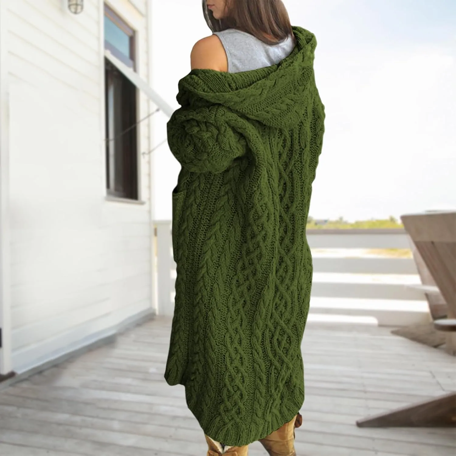 Bengbobar Long Cardigan Sweaters for Women Coats Cable Knit Casual Open Front Long Sleeve Hooded Sweater with Pockets