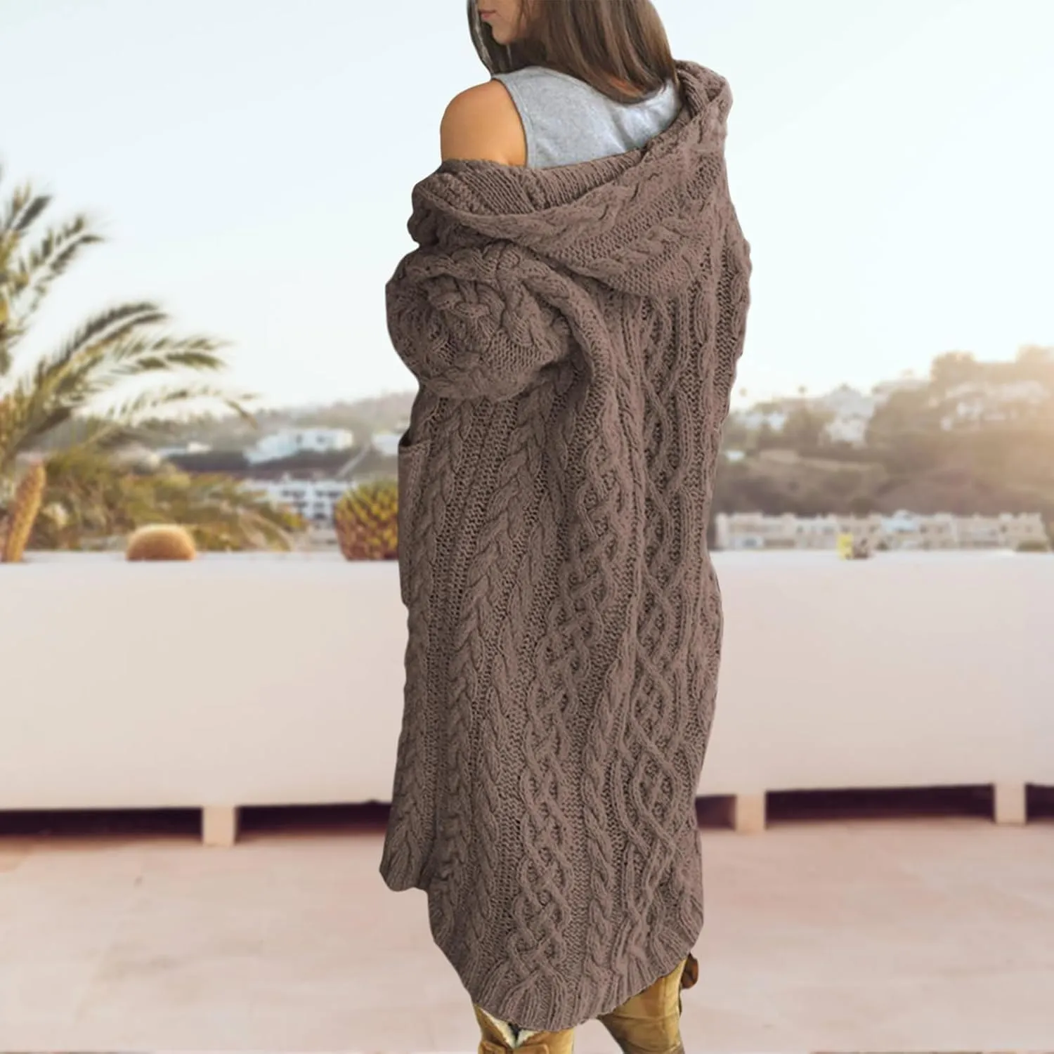 Bengbobar Long Cardigan Sweaters for Women Coats Cable Knit Casual Open Front Long Sleeve Hooded Sweater with Pockets