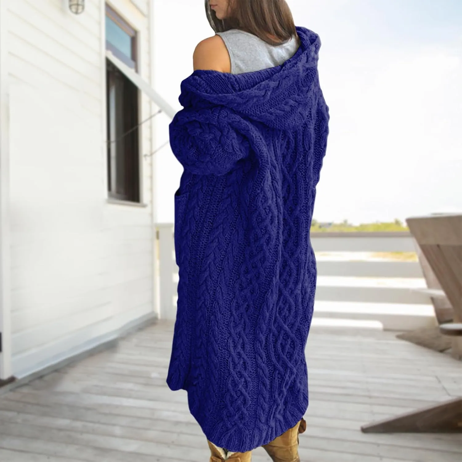 Bengbobar Long Cardigan Sweaters for Women Coats Cable Knit Casual Open Front Long Sleeve Hooded Sweater with Pockets