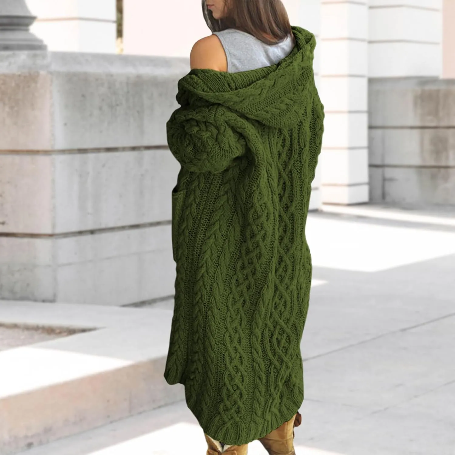 Bengbobar Long Cardigan Sweaters for Women Coats Cable Knit Casual Open Front Long Sleeve Hooded Sweater with Pockets