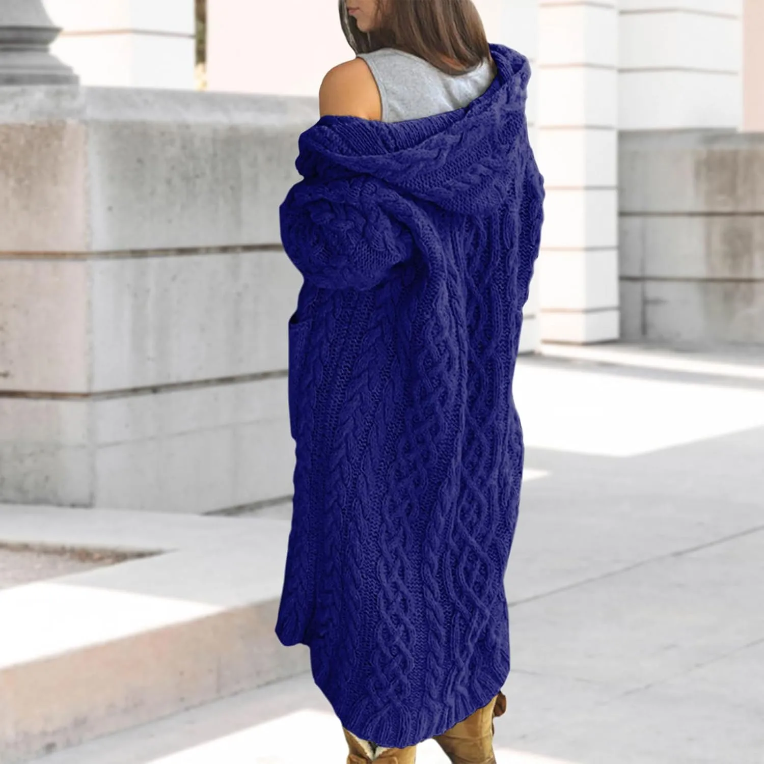 Bengbobar Long Cardigan Sweaters for Women Coats Cable Knit Casual Open Front Long Sleeve Hooded Sweater with Pockets