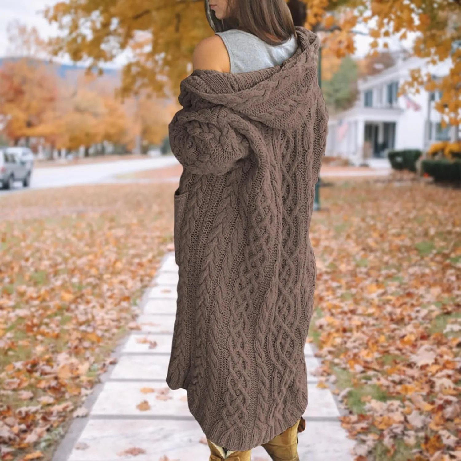 Bengbobar Long Cardigan Sweaters for Women Coats Cable Knit Casual Open Front Long Sleeve Hooded Sweater with Pockets