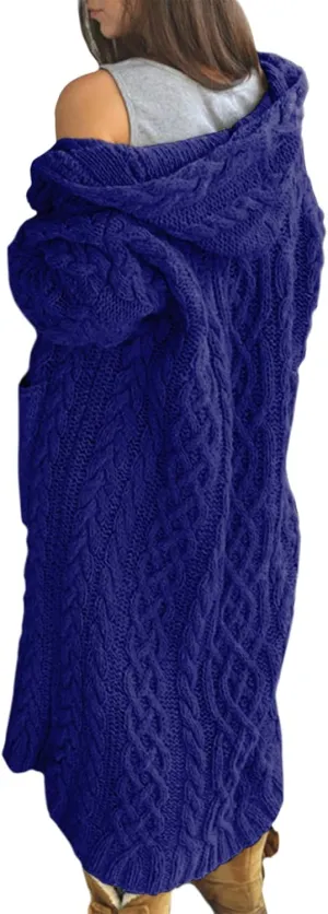 Bengbobar Long Cardigan Sweaters for Women Coats Cable Knit Casual Open Front Long Sleeve Hooded Sweater with Pockets