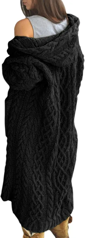 Bengbobar Long Cardigan Sweaters for Women Coats Cable Knit Casual Open Front Long Sleeve Hooded Sweater with Pockets