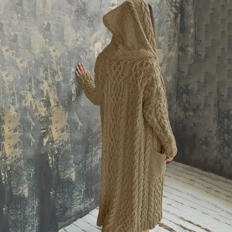 Bengbobar Long Cardigan Sweaters for Women Coats Cable Knit Casual Open Front Long Sleeve Hooded Sweater with Pockets