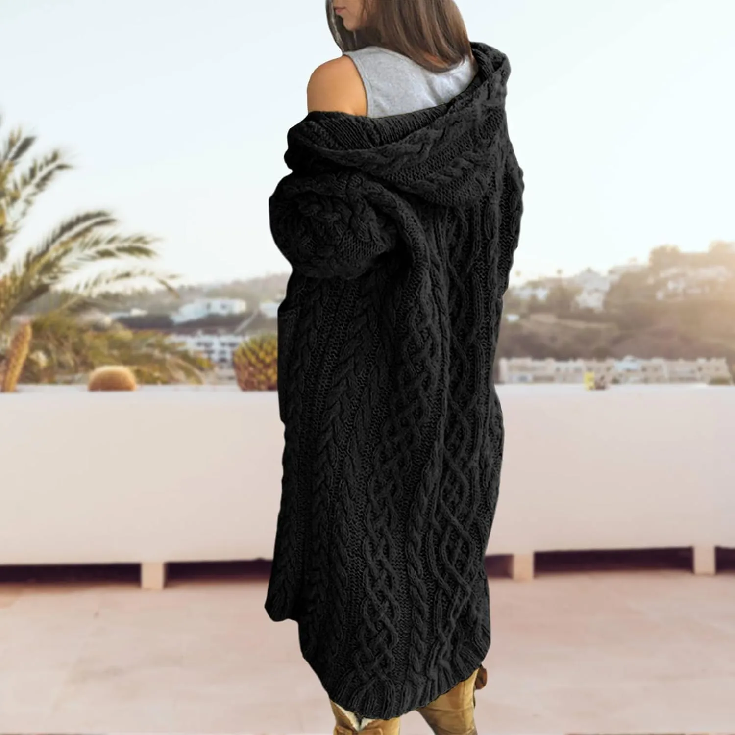 Bengbobar Long Cardigan Sweaters for Women Coats Cable Knit Casual Open Front Long Sleeve Hooded Sweater with Pockets