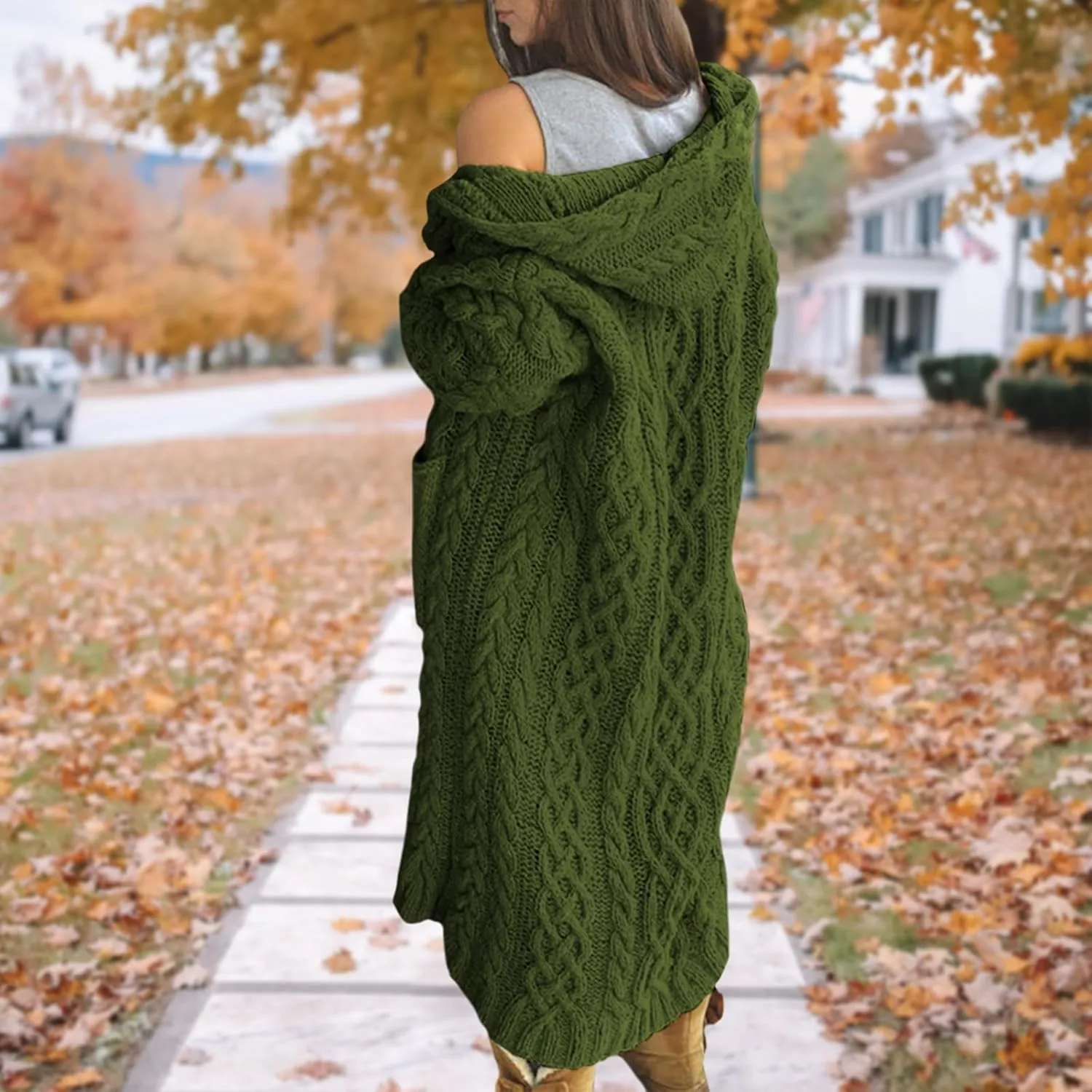 Bengbobar Long Cardigan Sweaters for Women Coats Cable Knit Casual Open Front Long Sleeve Hooded Sweater with Pockets
