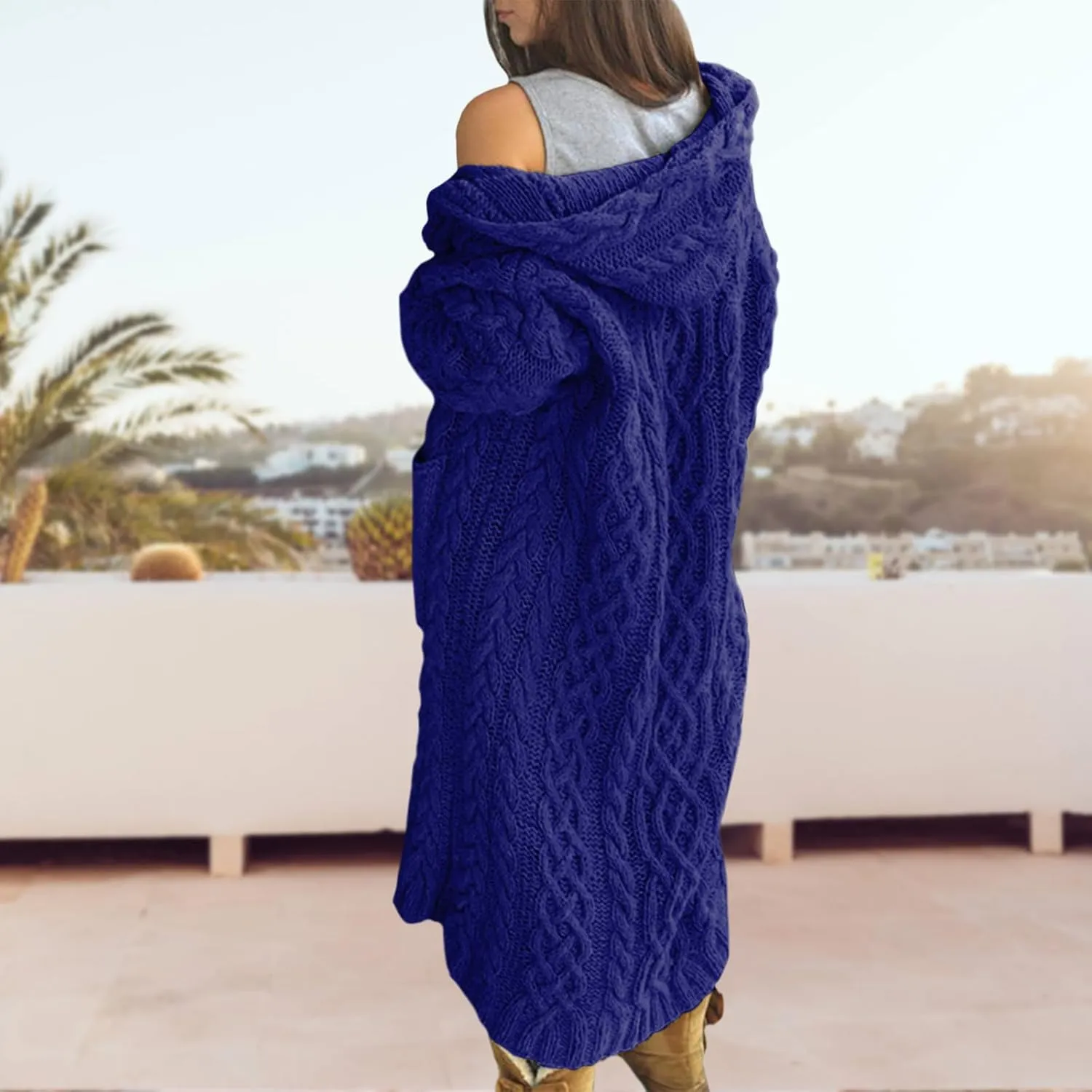 Bengbobar Long Cardigan Sweaters for Women Coats Cable Knit Casual Open Front Long Sleeve Hooded Sweater with Pockets
