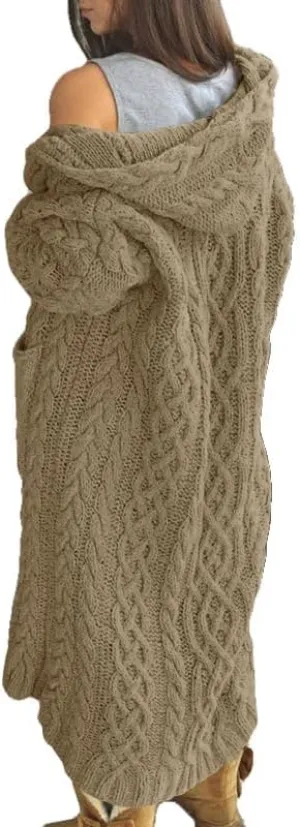 Bengbobar Long Cardigan Sweaters for Women Coats Cable Knit Casual Open Front Long Sleeve Hooded Sweater with Pockets