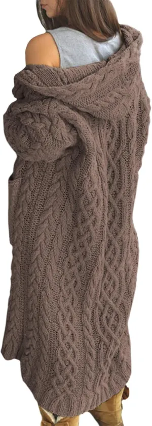 Bengbobar Long Cardigan Sweaters for Women Coats Cable Knit Casual Open Front Long Sleeve Hooded Sweater with Pockets