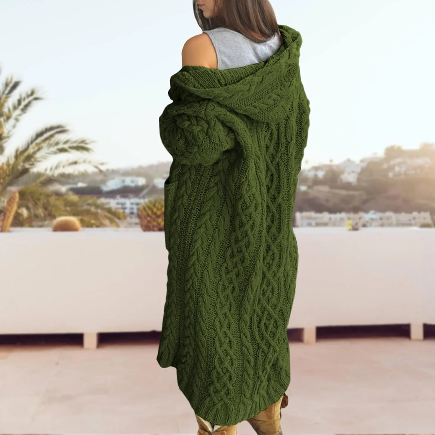 Bengbobar Long Cardigan Sweaters for Women Coats Cable Knit Casual Open Front Long Sleeve Hooded Sweater with Pockets