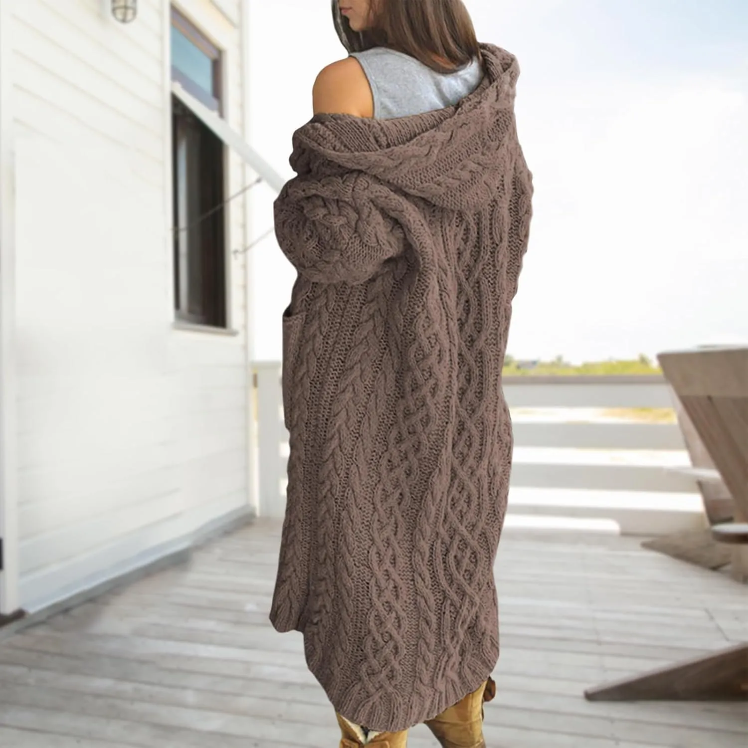 Bengbobar Long Cardigan Sweaters for Women Coats Cable Knit Casual Open Front Long Sleeve Hooded Sweater with Pockets