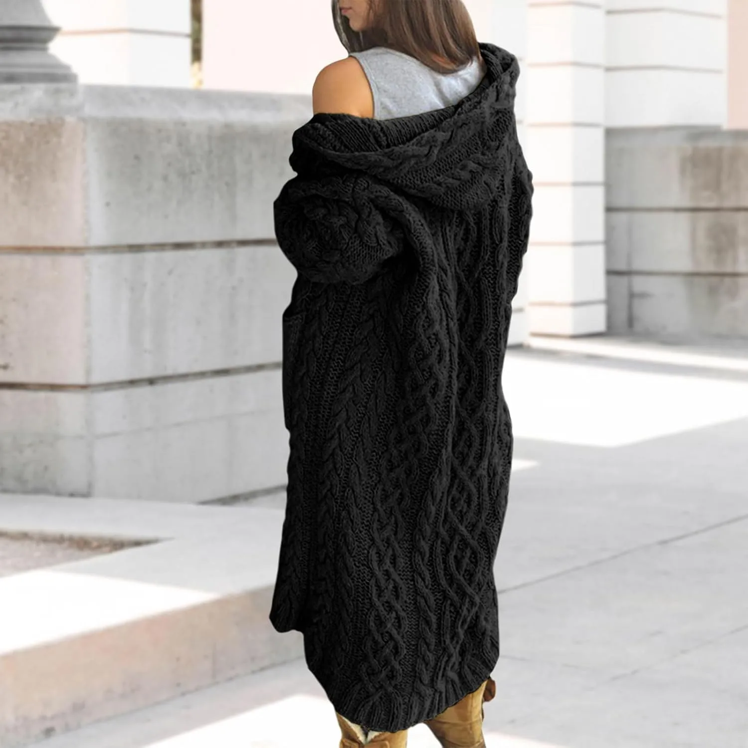 Bengbobar Long Cardigan Sweaters for Women Coats Cable Knit Casual Open Front Long Sleeve Hooded Sweater with Pockets