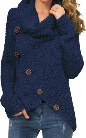 Bengbobar Womens Turtleneck Sweaters Fall Button Chunky Long Sleeve Knitted Casual Pullover Sweaters Asymmetrical Sweaters