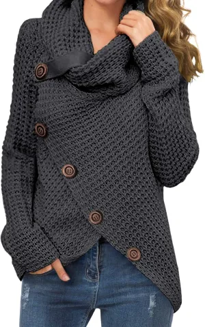 Bengbobar Womens Turtleneck Sweaters Fall Button Chunky Long Sleeve Knitted Casual Pullover Sweaters Asymmetrical Sweaters