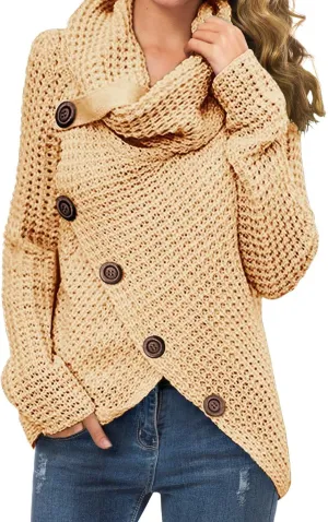 Bengbobar Womens Turtleneck Sweaters Fall Button Chunky Long Sleeve Knitted Casual Pullover Sweaters Asymmetrical Sweaters