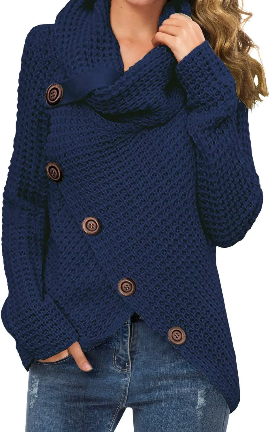Bengbobar Womens Turtleneck Sweaters Fall Button Chunky Long Sleeve Knitted Casual Pullover Sweaters Asymmetrical Sweaters
