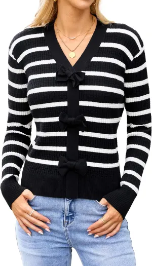 Blooming Jelly Womens Fall Sweaters Striped Cropped Sweater Lightweight Knit Sweater Bow V Neck Pullover Sweaters