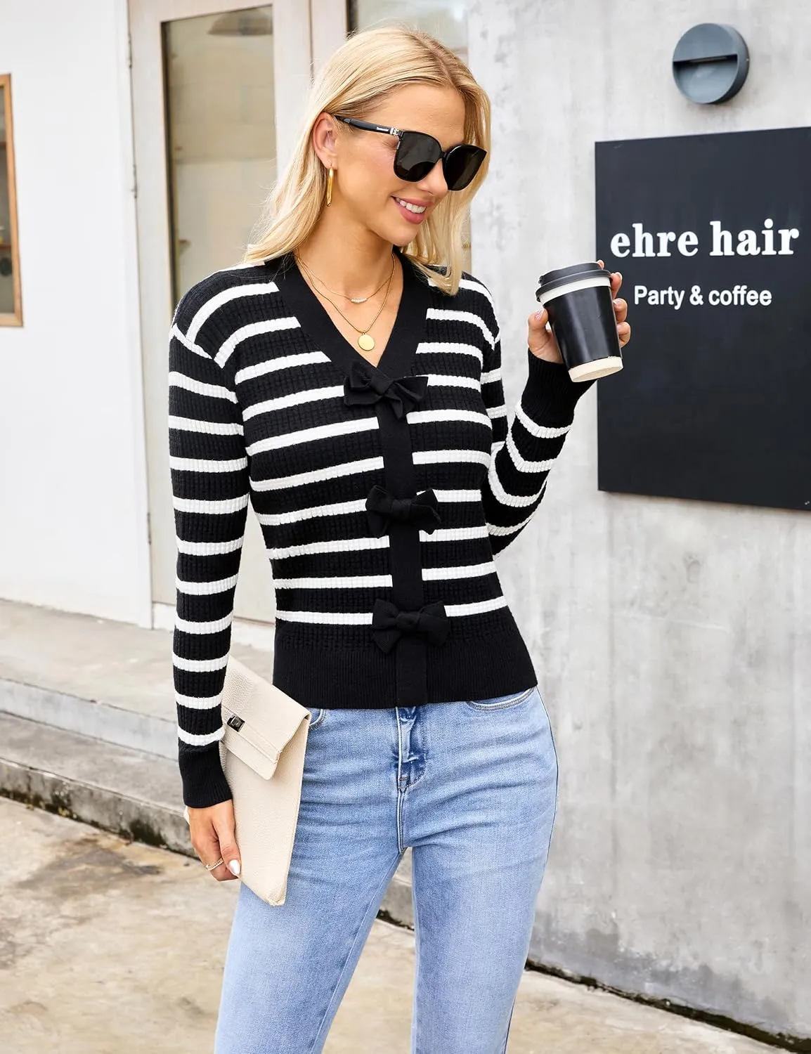 Blooming Jelly Womens Fall Sweaters Striped Cropped Sweater Lightweight Knit Sweater Bow V Neck Pullover Sweaters
